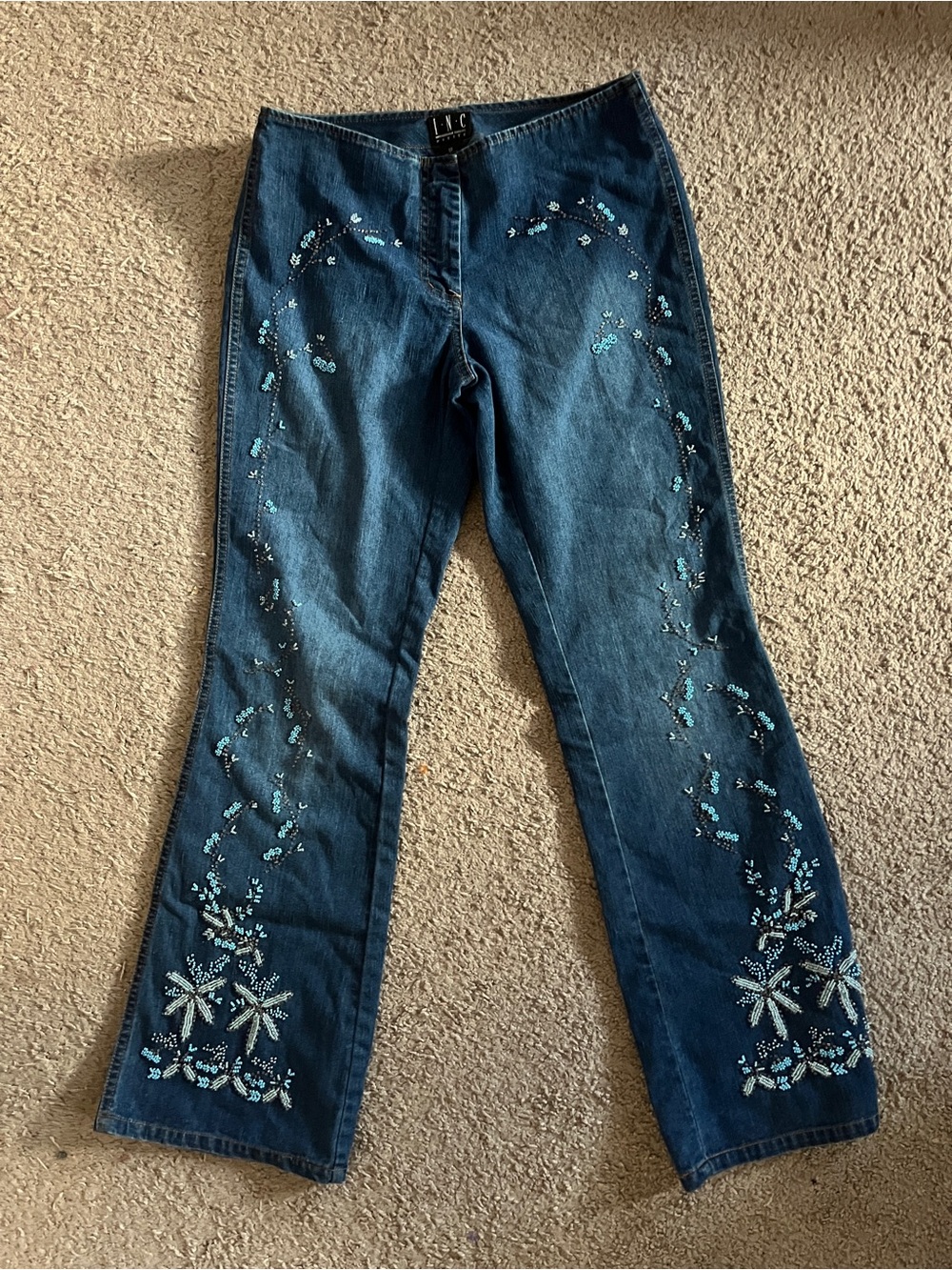 2000s Vintage INC  International Concepts Dark Blue Embroidered Flare Jeans